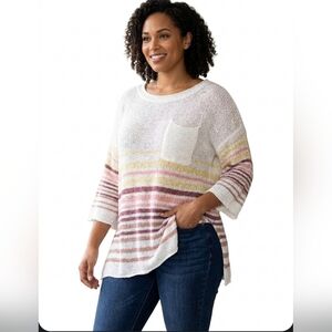 POL Natural White Striped 3/4 Sleeve Pocket Knit Tunic Sweater Size Medium
